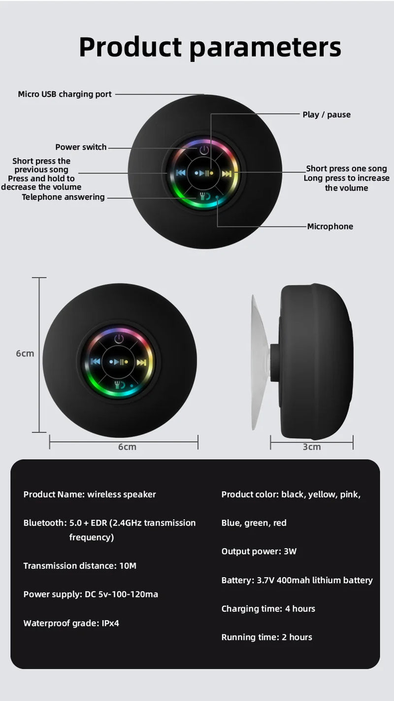 Portable Waterproof Suction Cup Bluetooth Speaker with RGB