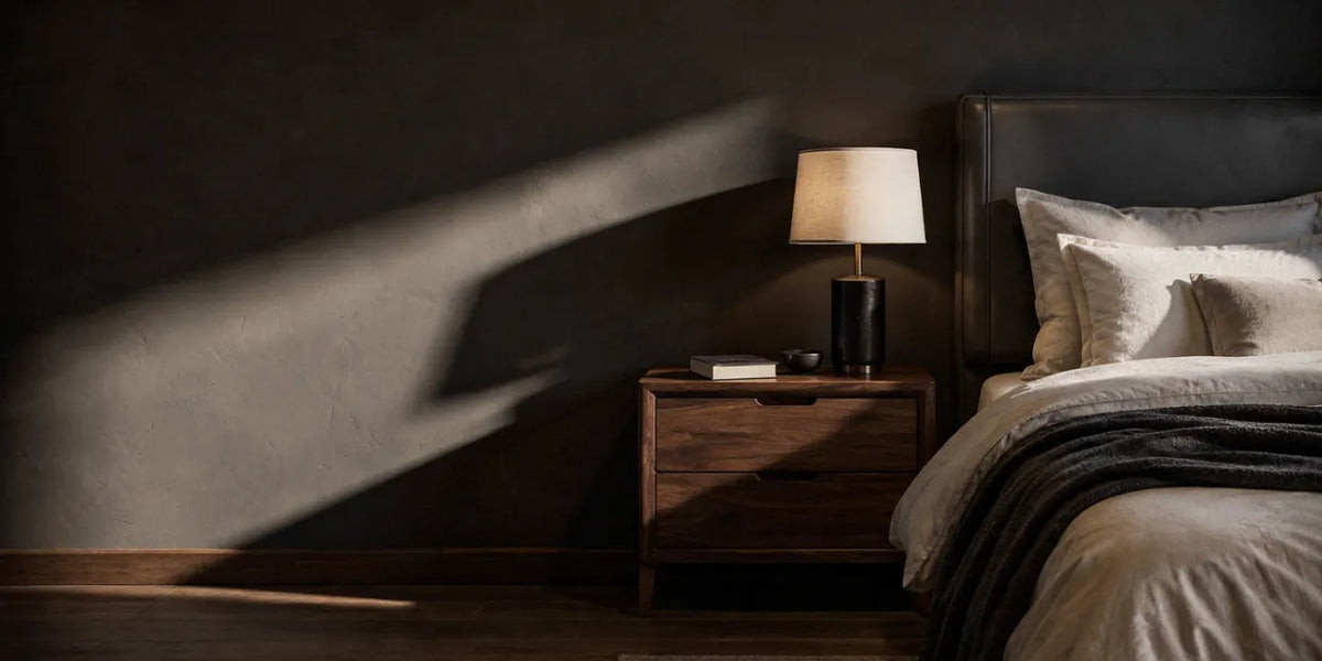Warm modern bedroom with bedside lamp