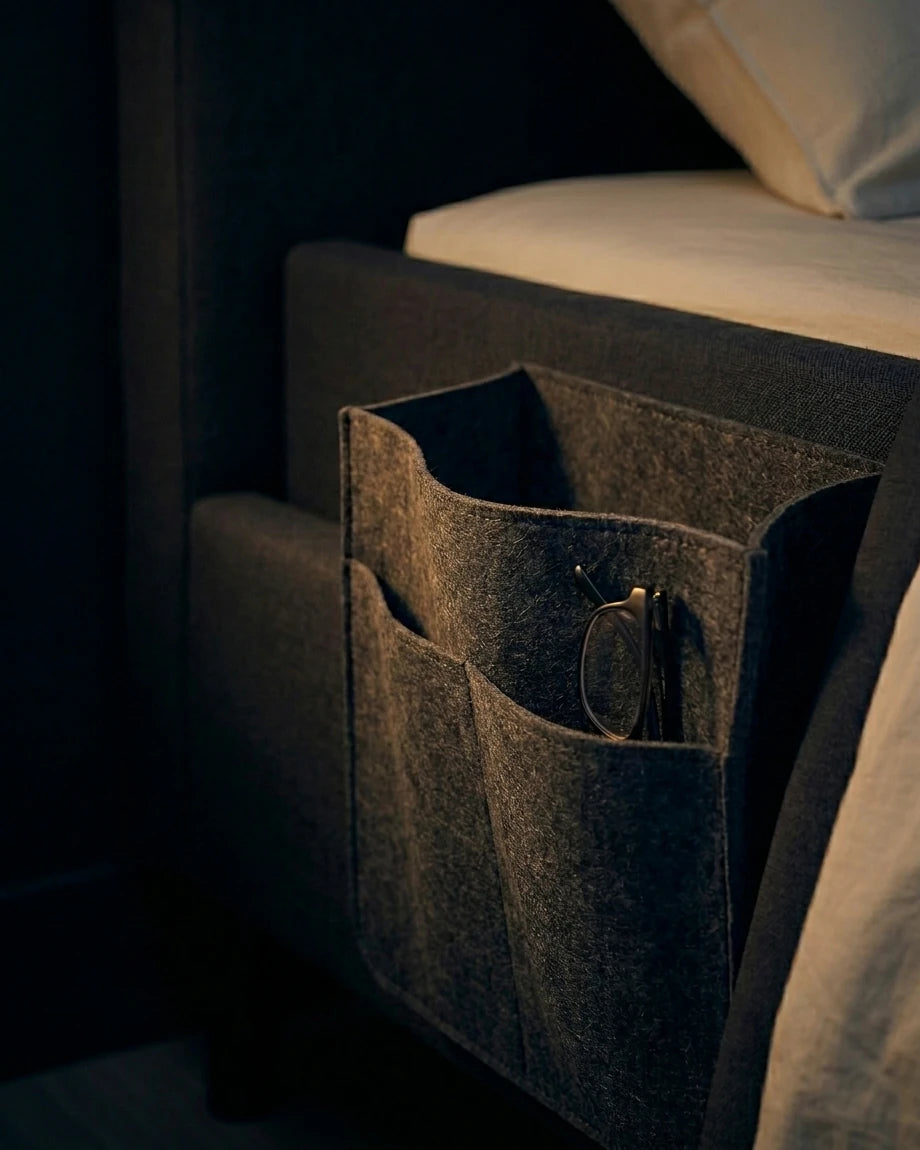 Close detail of the Grey Felt Bedside Caddy storage compartments