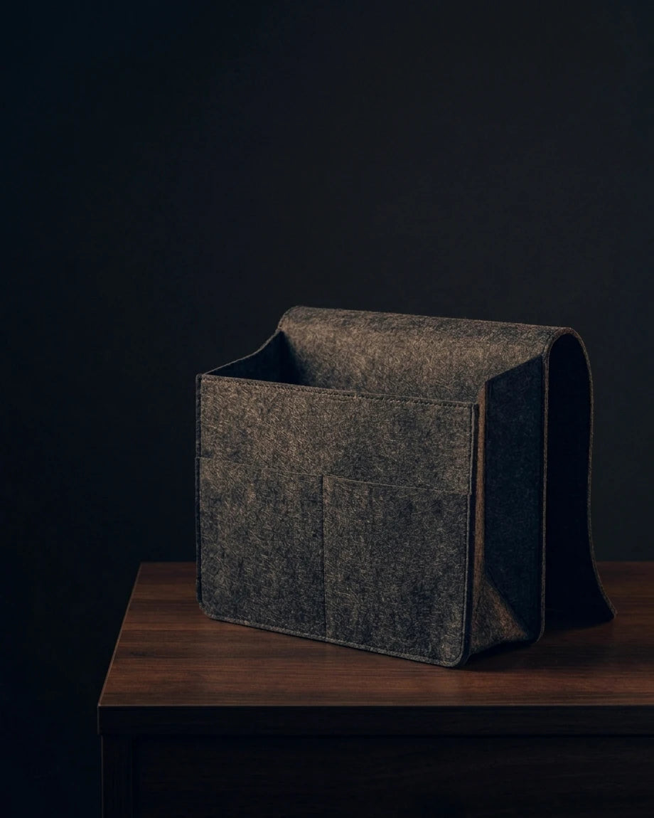 Grey Felt Bedside Caddy isolated against a dark background