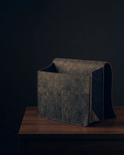 Grey Felt Bedside Caddy isolated against a dark background
