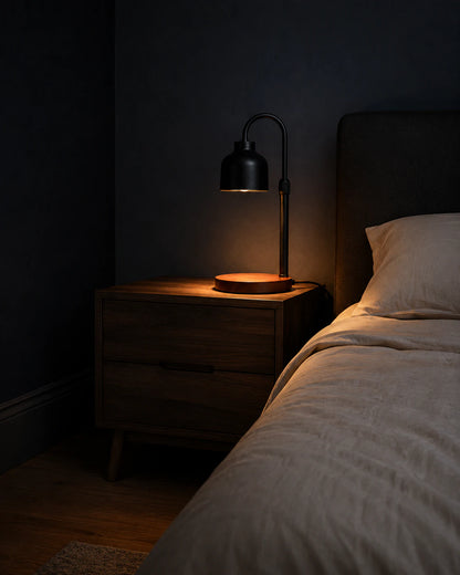 Black Nordic candle warmer lamp shown at scale on a bedside table