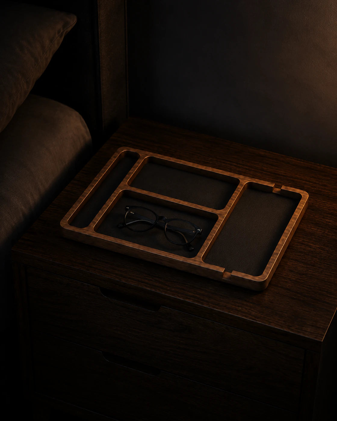 Natural-finish Nightstand Valet Tray photographed from an alternate angle