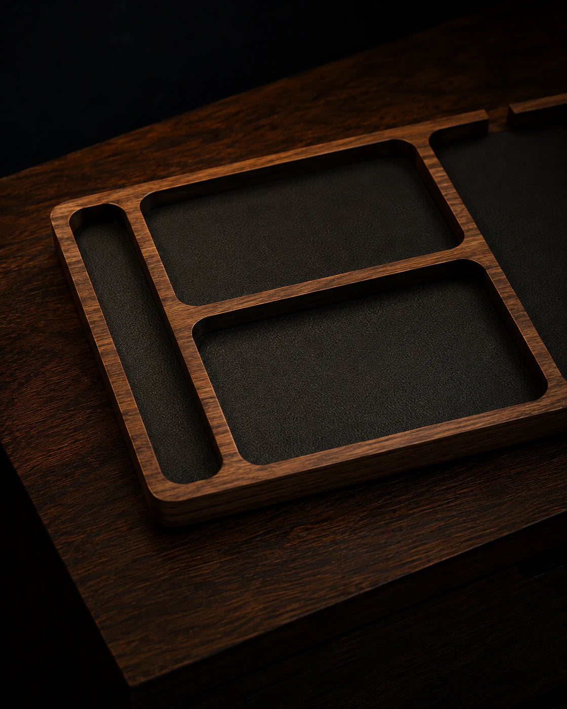 Close detail of the four-compartment Nightstand Valet Tray