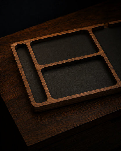 Close detail of the four-compartment Nightstand Valet Tray