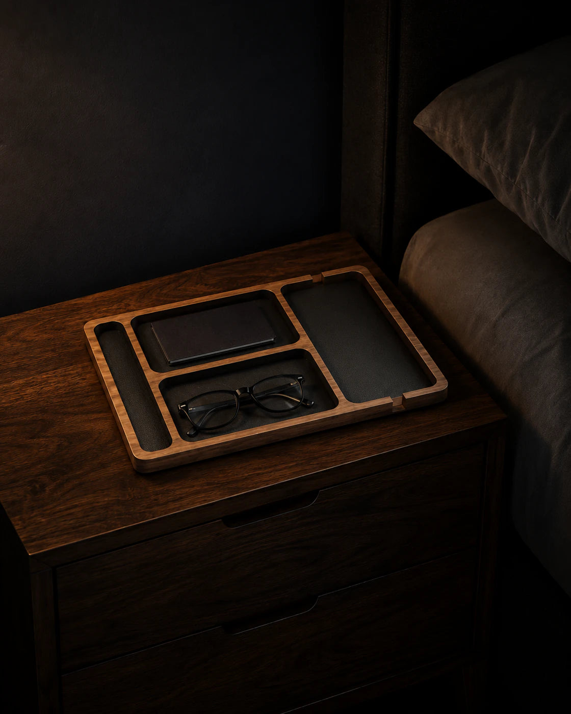 Natural-finish Nightstand Valet Tray on a dark bedside table