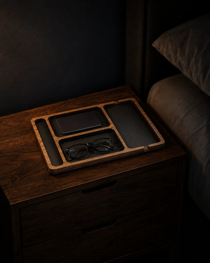 Natural-finish Nightstand Valet Tray on a dark bedside table