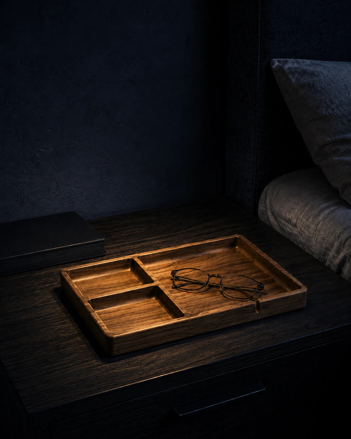 Large Grid Valet Organizer on a dark bedside table