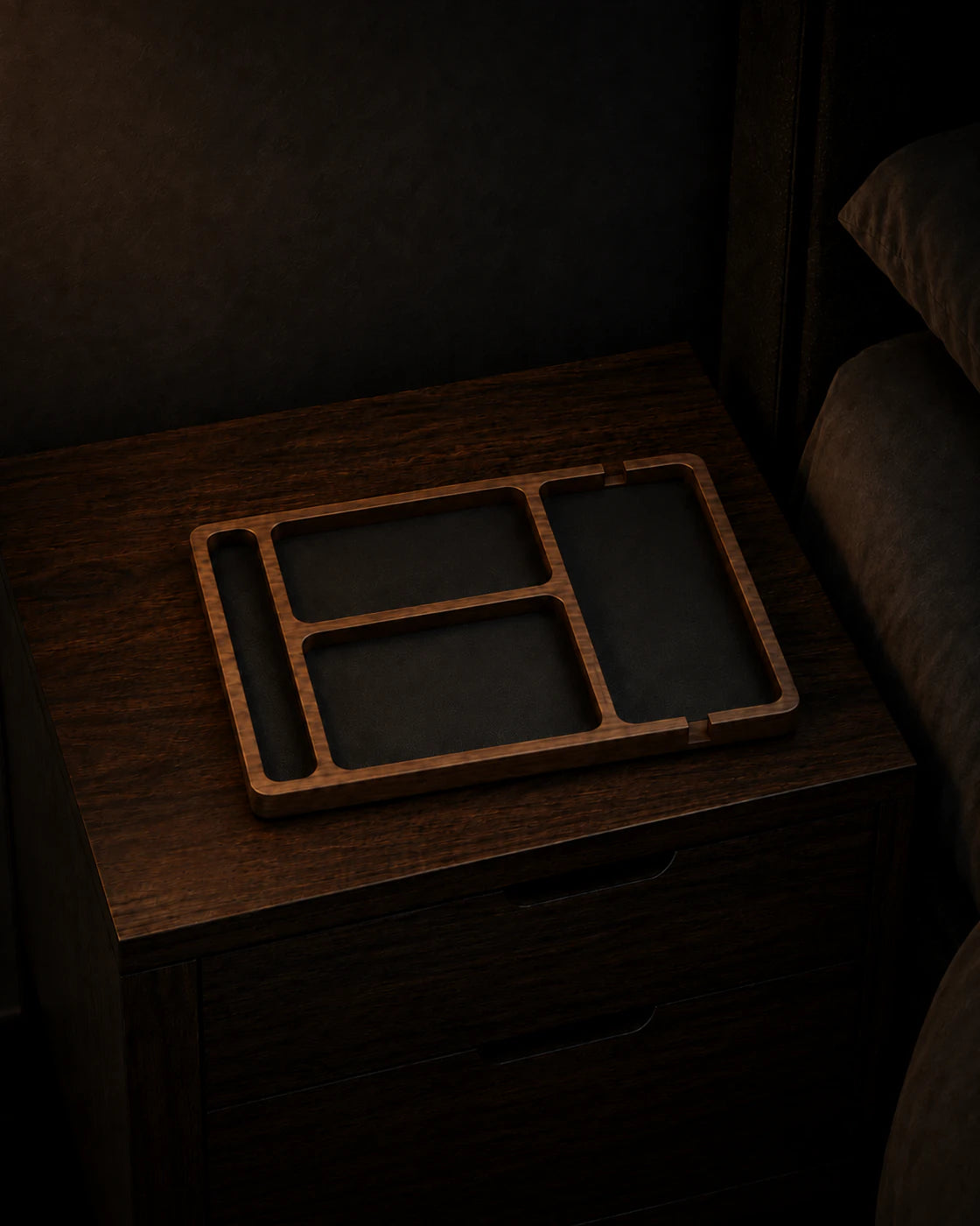 Natural-finish four-compartment Nightstand Valet Tray against a dark background