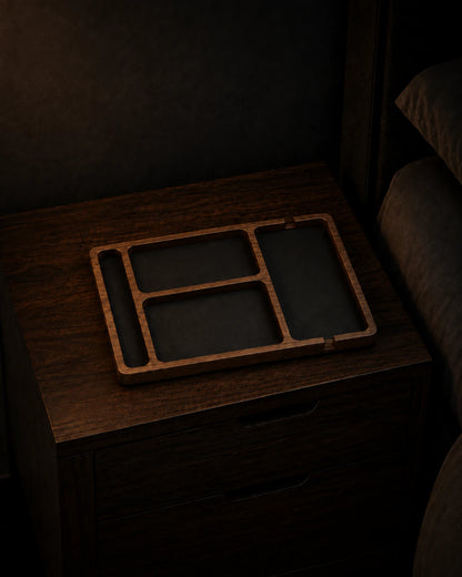 Natural-finish four-compartment Nightstand Valet Tray against a dark background