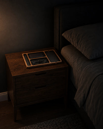 Nightstand Valet Tray shown beside a bed for scale
