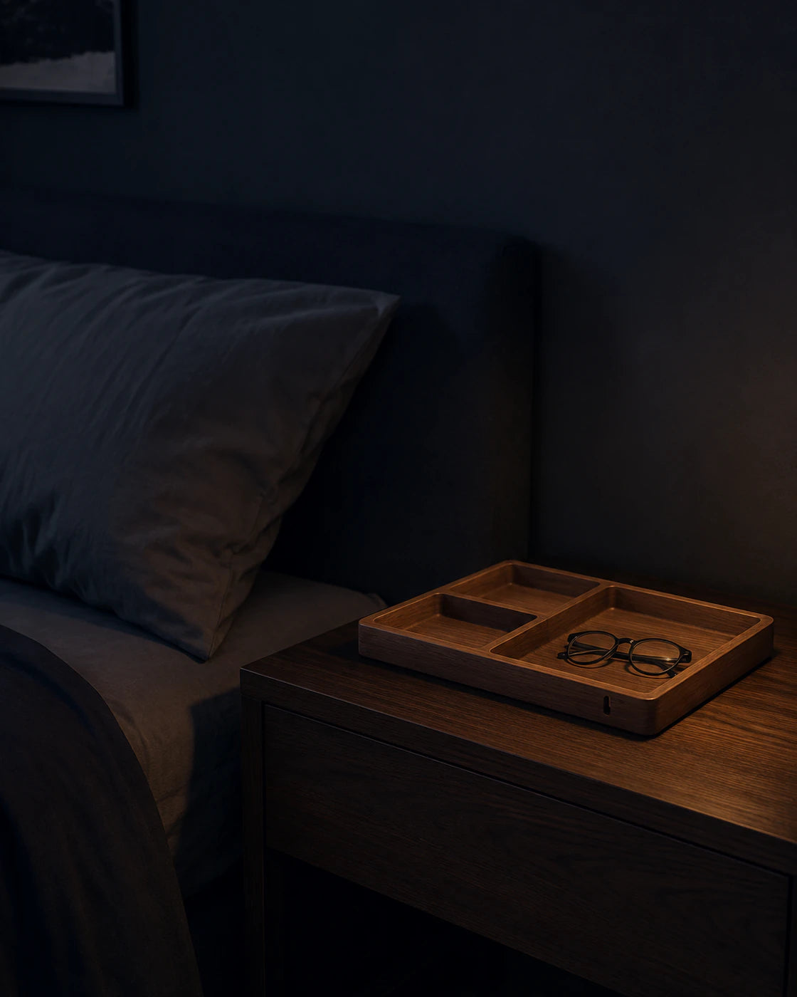 Large Grid Valet Organizer shown beside a bed for scale