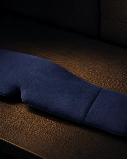 Close detail of the blue weighted sleep mask